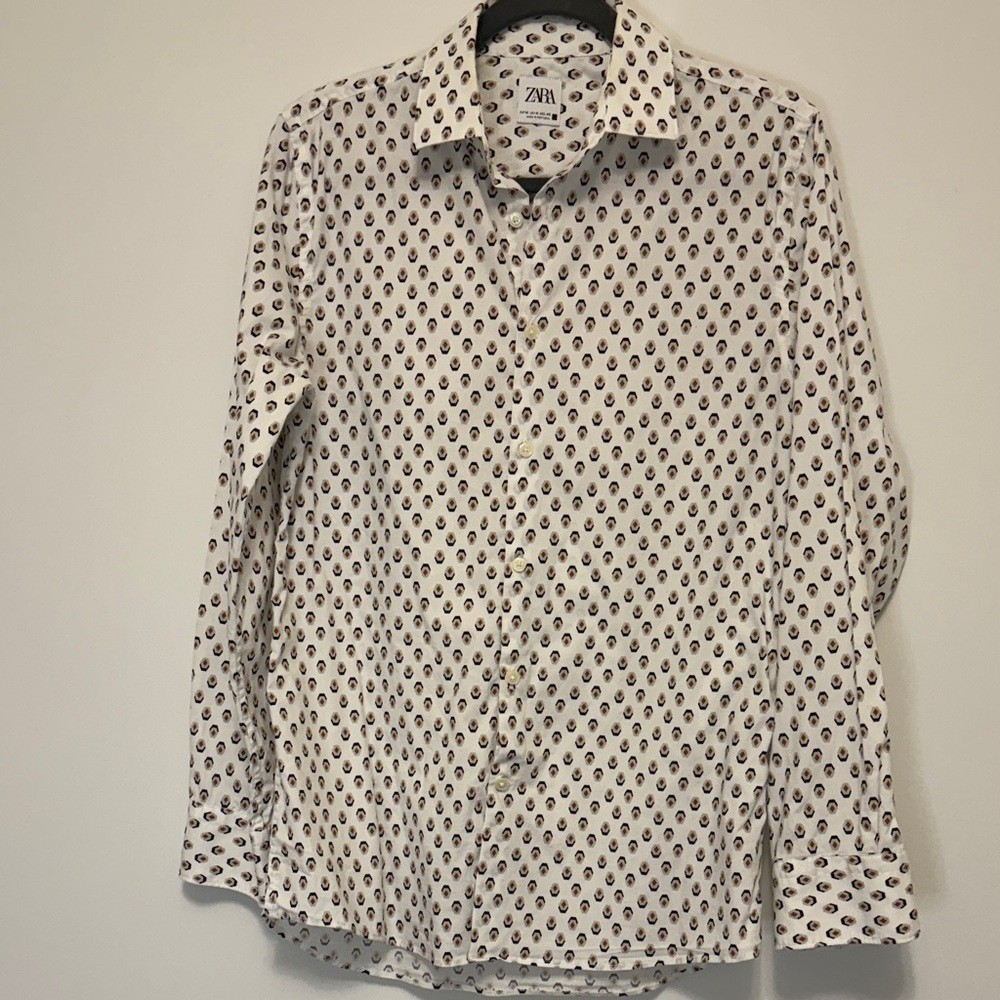 Zara Men's White and Black Patterned Shirt